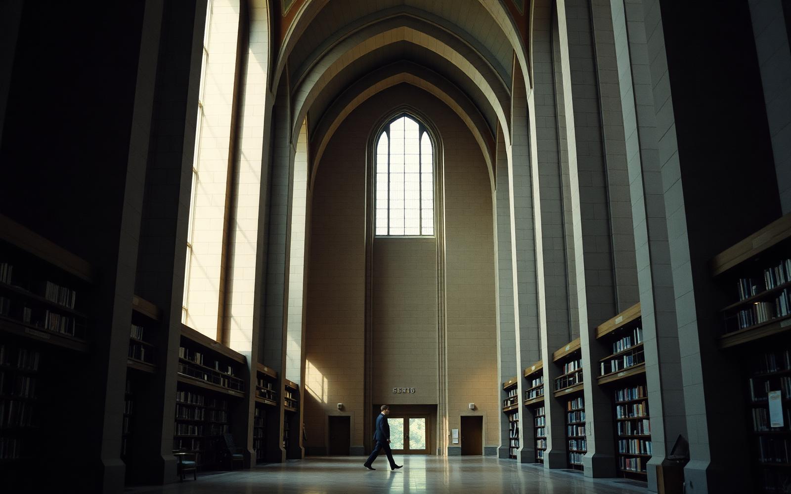 A figure walks through a cathedral-like library — stewardship as a civic institution